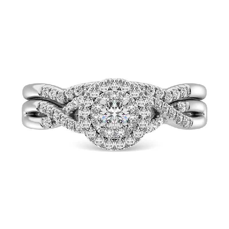 Engagement ring with side stones for women-Diamond 3/8.Ct.Tw. Double Halo Bridal Ring in 10K White Gold