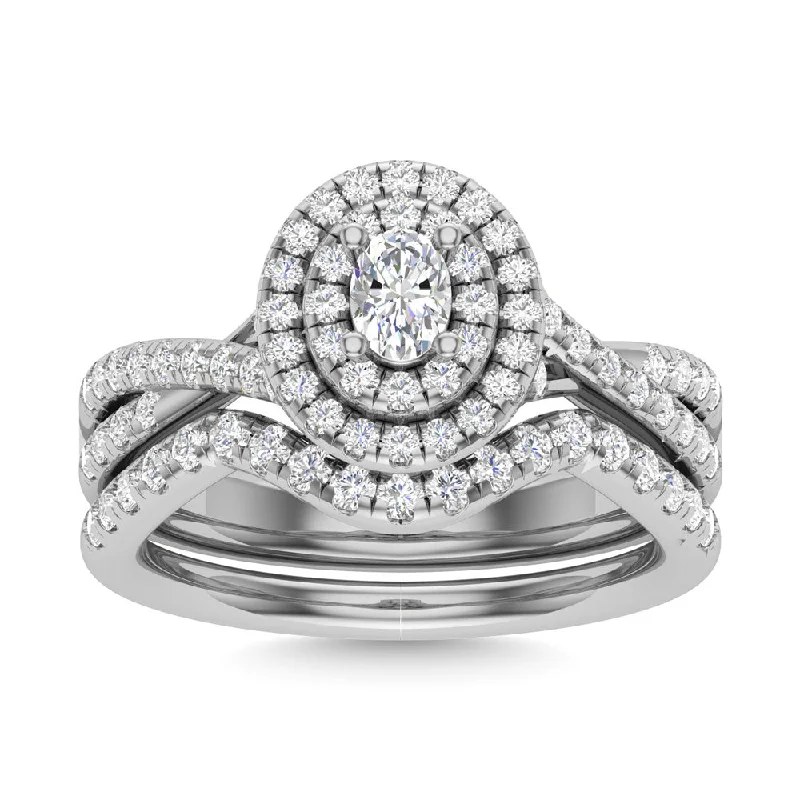 Diamond engagement ring with halo for women-Diamond 1 Ct.Tw. Oval Cut Bridal Ring in 14K White Gold