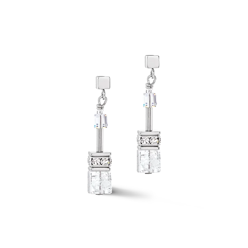 Dangling gemstone earrings for women-GeoCUBE® Iconic Nature earrings silver-white