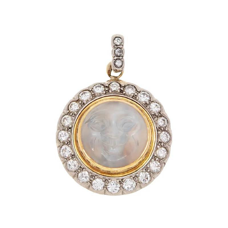 Designer necklace for women-Victorian Revival 14k Carved Moonstone + Diamond "Man in the Moon" Pendant