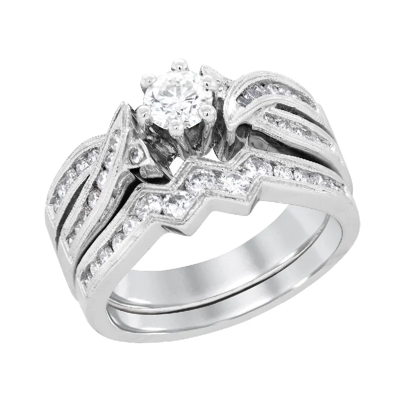 Unique engagement rings for women-MODERN WHITE GOLD BRIDAL SET WITH 42 ROUND CUT DIAMONDS, 1.06 CT TW