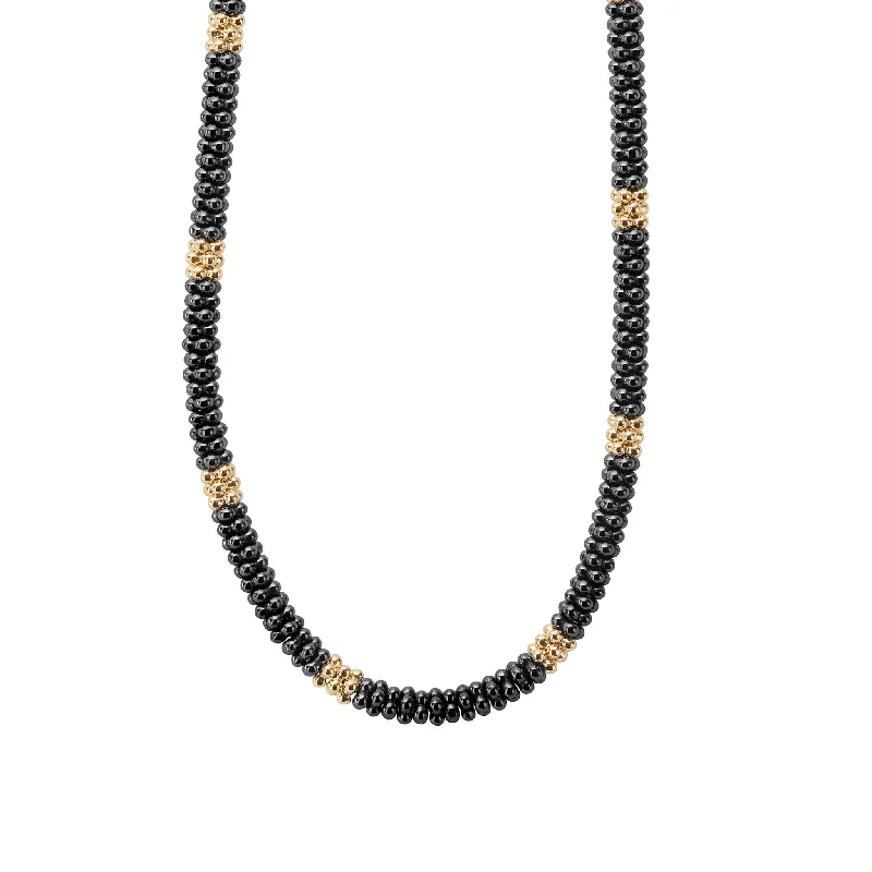 Minimalist necklace for women-Black Caviar 18K Gold Small Station Ceramic Beaded Necklace | 5mm