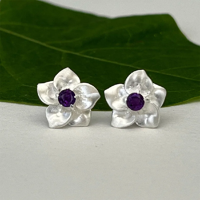 Personalized hoop earrings for women-Amethyst Flower Studs - Sterling Silver, Indonesia