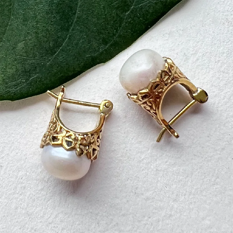 Hoop earrings for women-Filigree Pearl Earrings - Brass , Indonesia