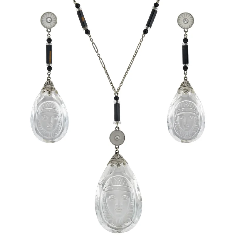 Stylish necklace for women-Art Deco Egyptian Revival Rock Crystal, Onyx + Diamond Necklace and Earring Set