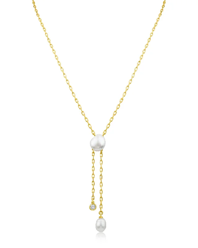 Double heart necklace for women-Pearl Drop Y-Necklace