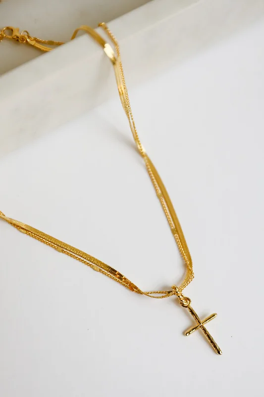 Bar necklace for women-Anna Gold Layered Cross Charm Necklace