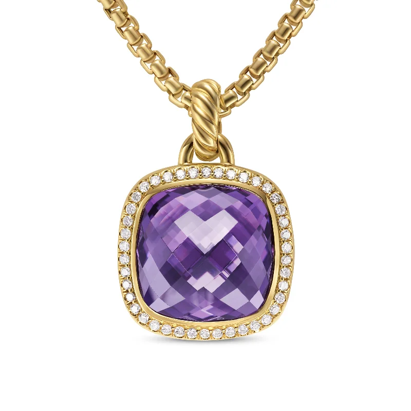 Crystal necklace for women-Albion® Pendant in 18K Yellow Gold with Amethyst and Diamonds\, 15mm