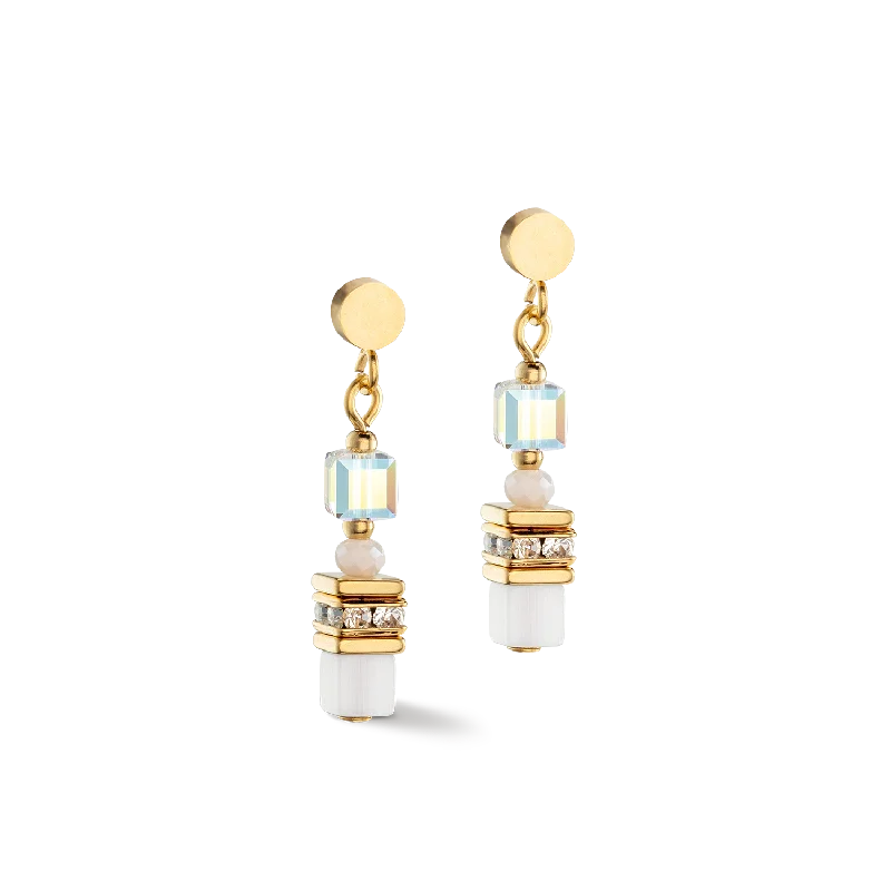 Personalized hoop earrings for women-Mini Cubes earrings gold white