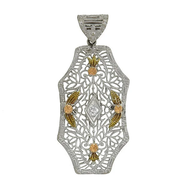 Custom name necklace for women-Art Deco 14kt Mixed Metals Diamond Filigree Pendant