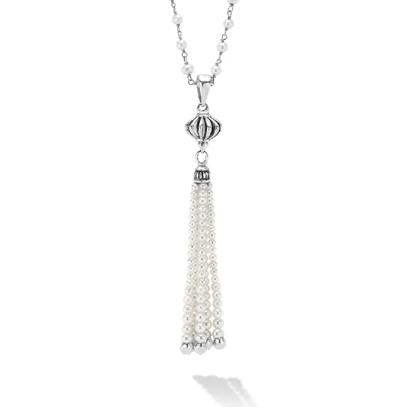 Silver chain necklace for women-Luna Pearl Tassel Pendant Necklace