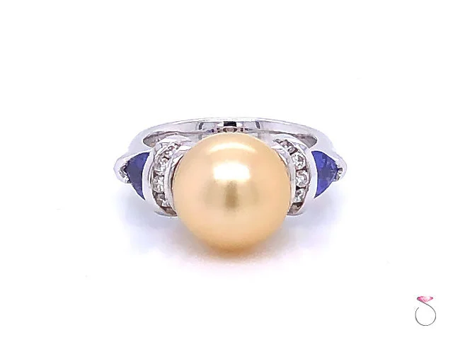 Vintage platinum engagement ring for women-South Sea Golden Pearl, Tanzanite and Diamond Statement Ring