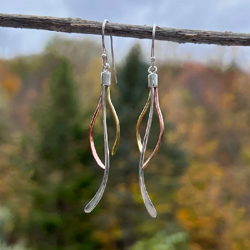 Boho earrings for women-Triple Joy Earrings - Sterling, Copper, Brass - Indonesia