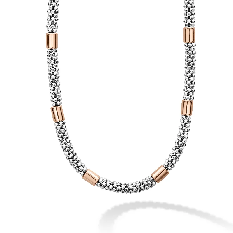 Silver gemstone necklace for women-High Bar Rose Gold Station Caviar Necklace | 5mm