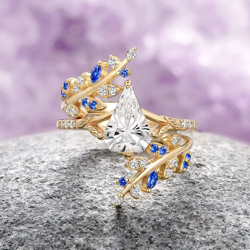 Antique engagement ring for women-Fantasy Shield Cut Diamond (cz) & Blue Sapphire Leaf Ring Set- 14K Yellow Gold Vermeil