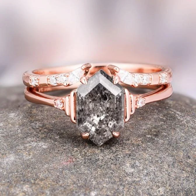 Diamond ring engagement set for women-Galaxy Raw Salt & Pepper Diamond (Herkimer Diamond) Ring Set- 14K Rose Gold Vermeil