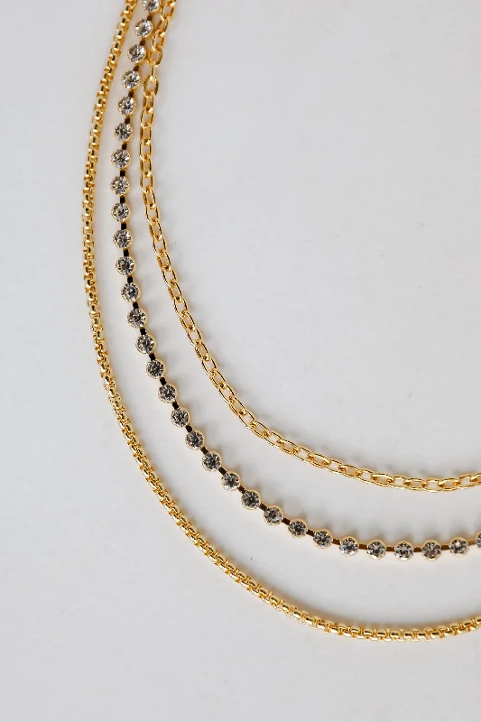 Fashion necklace for women-Quinn Gold Rhinestone Layered Chain Necklace