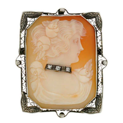 Silver gemstone necklace for women-Late Victorian 14kt Diamond Carved Cameo Pin/Pendant