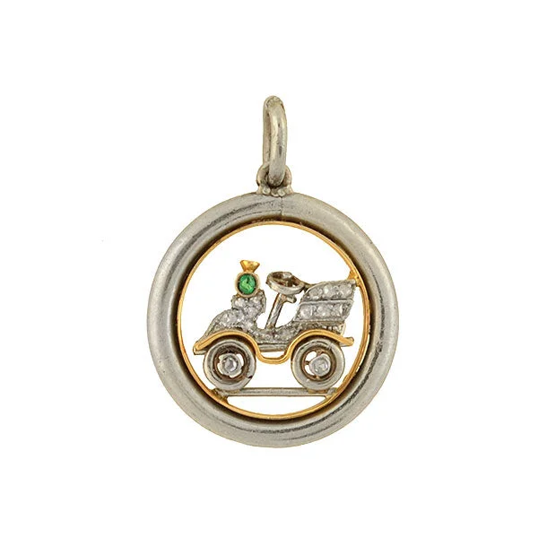 Love heart necklace for women-Edwardian Platinum/14kt Diamond Emerald Old Fashioned Car Charm Pendant