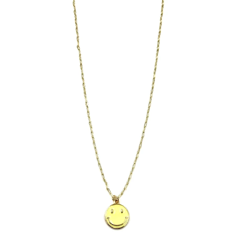 Gold bar pendant necklace for women-Ashley Gold Stainless Steel Gold Plated Yellow Enamel Smily Face Charm Necklace