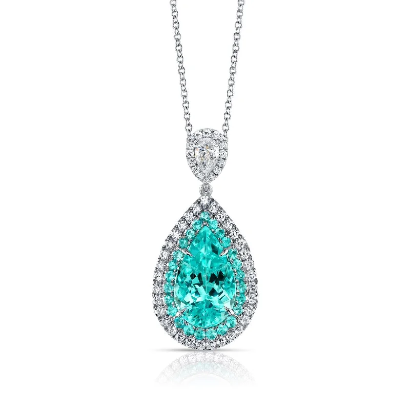 Rose gold necklace for women-Paraiba Tourmaline and Diamond Pendant in Platinum