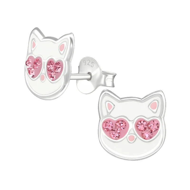 Boho earrings for women-Cat w/ Pink Crystals Stud Earrings in Sterling Silver