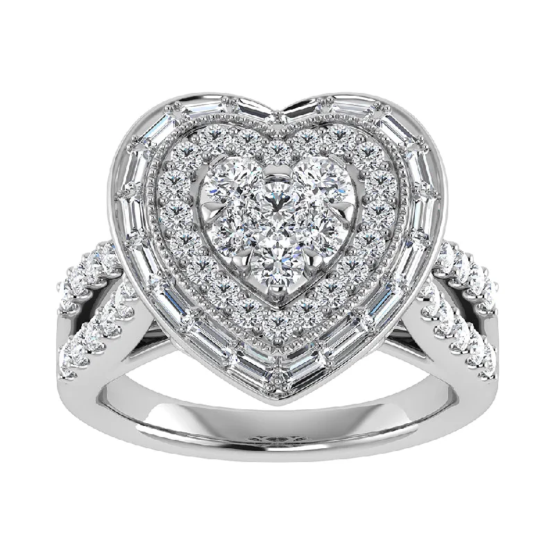 Gold engagement ring for women-14K White Gold 1 1/2.Tw. Round and Straight Baguette Diamond Heart Ring