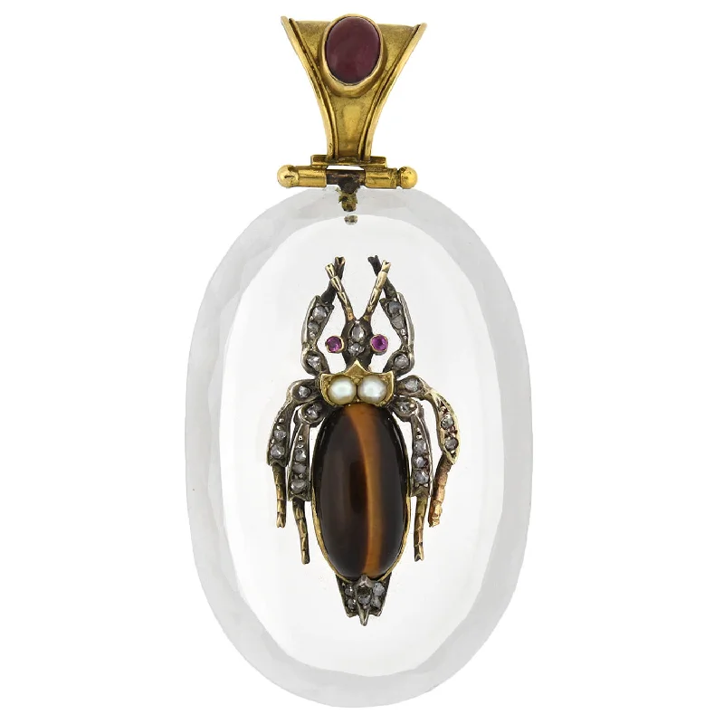 Charm necklace for women-Victorian Large 18kt Rock Crystal, Diamond, Garnet + Tiger Eye Bug Pendant