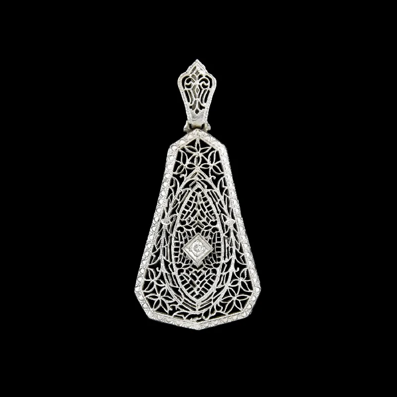 Stylish necklace for women-Art Deco Large 14kt Diamond Filigree Pendant