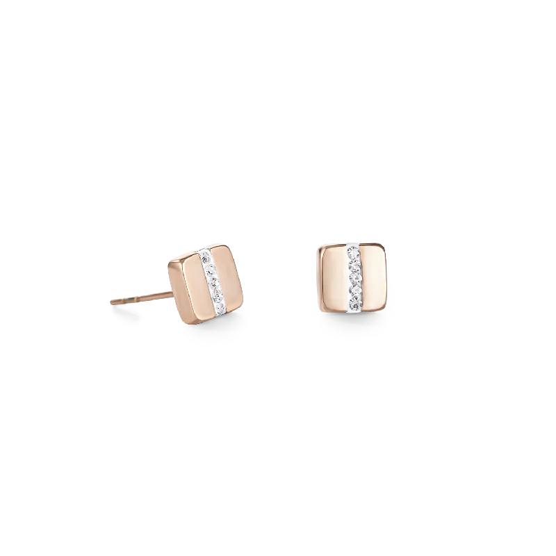 Sterling silver earrings for women-Earrings stainless steel square rose gold & crystals pavé strip crystal