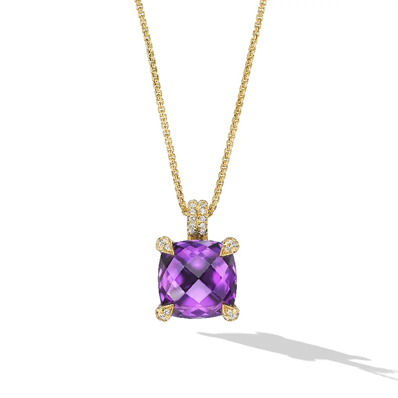 Silver pendant necklace for women-Chatelaine® Pendant Necklace in 18K Yellow Gold with Amethyst and Diamonds\, 11mm