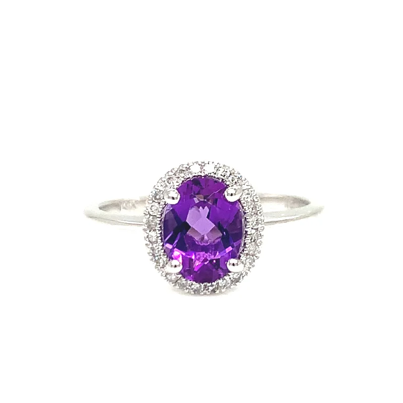 Engagement ring with a wide band for women-14K white Gold Amethyst with Diamonds Halo Ring