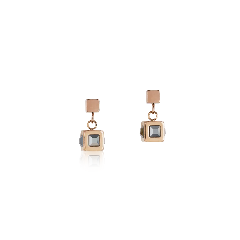 Rose gold earrings for women-Earrings cube stainlees steel rose gold & crystal anthracite