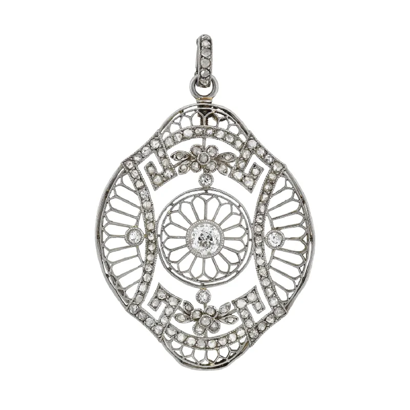 Rose gold necklace for women-Edwardian French Large Platinum Diamond Floral Motif Filigree Pendant 1.05ctw