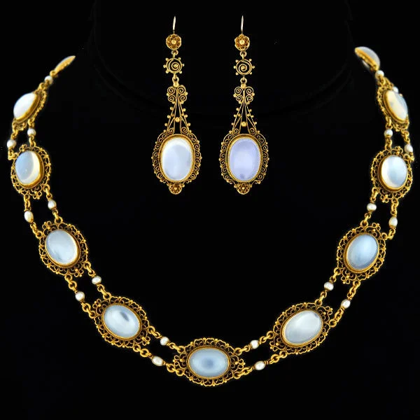 Simple gold necklace for women-Victorian 14kt Moonstone + Pearl Filigree Earring Necklace Set