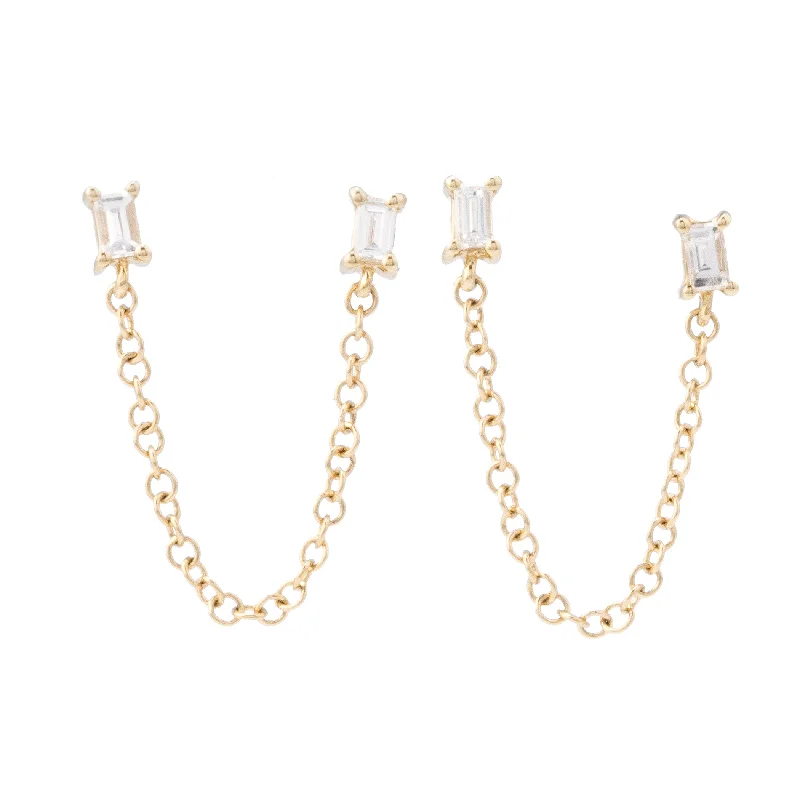 Drop earrings with gemstones for women-2 Baguette Double Stud Chain Earrings