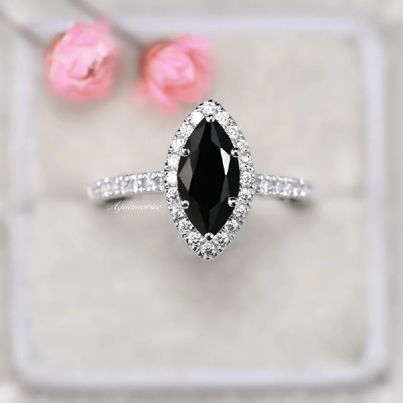 Simple diamond engagement ring for women-Valeria Marquise Black Diamond ( Black Onyx )Ring- Sterling Silver