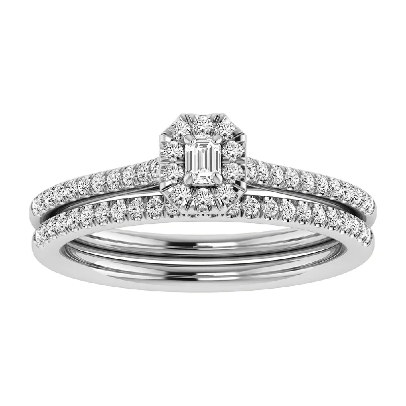 Classic engagement ring for women-Emerald and Round Diamond 3/8 Ct.Tw. Bridal Ring in 10K White Gold