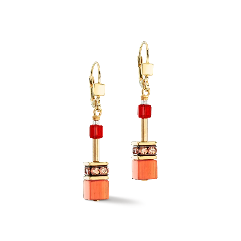 Gold dangle earrings for women-GeoCUBE® Iconic earrings gold red