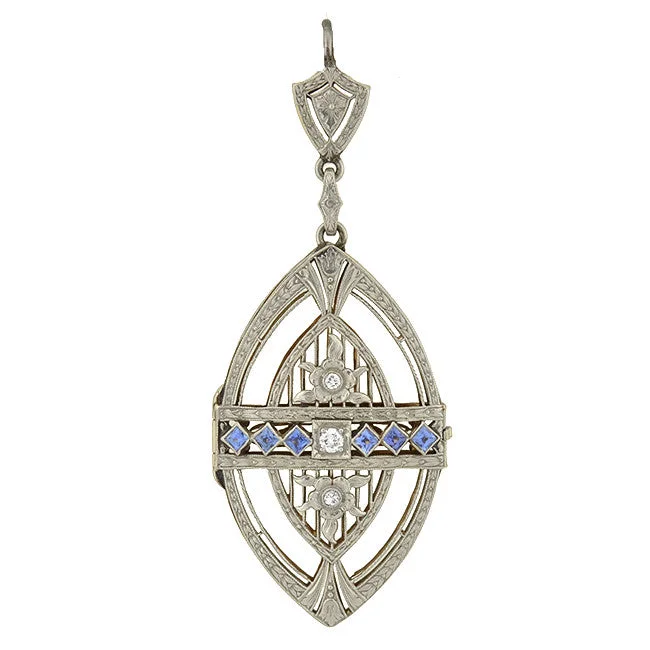 Silver chain necklace for women-Edwardian Platinum/14kt Diamond & Sapphire Convertible Pendant