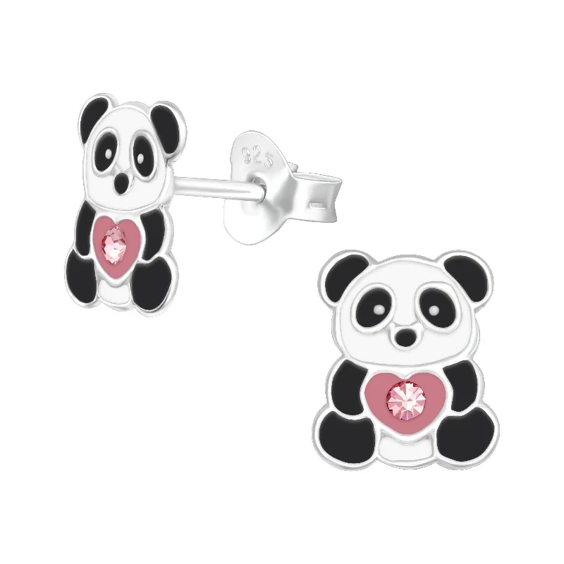 Huggie earrings for women-Pink Heart Panda Bear Crystal Stud Earrings in Sterling Silver