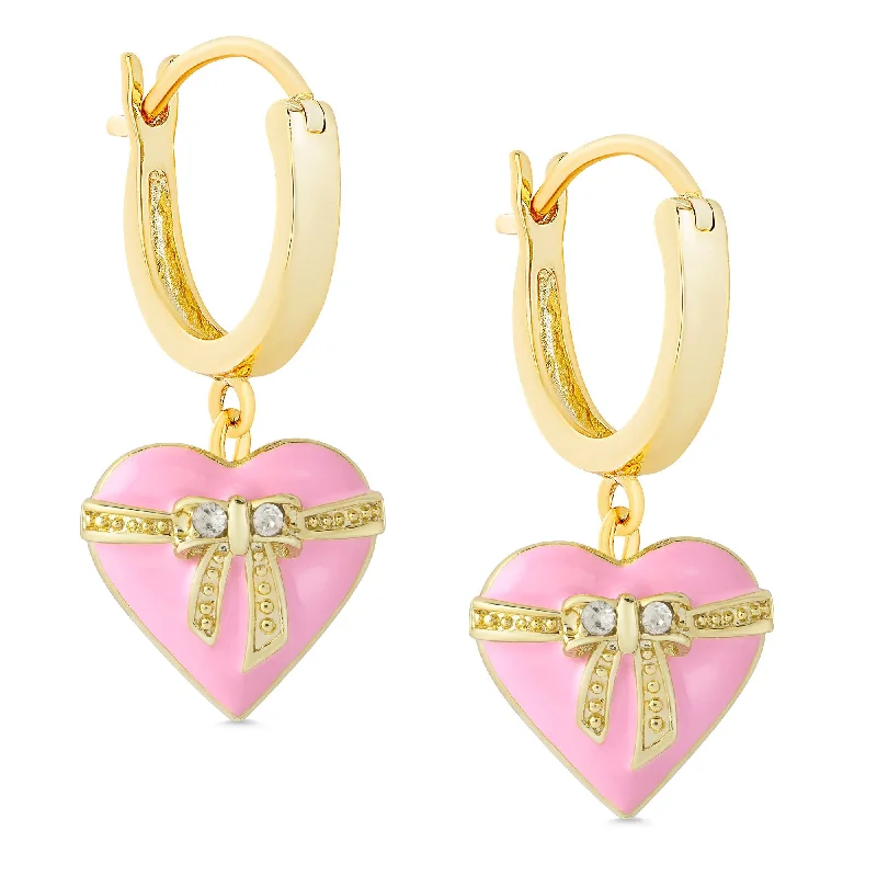 Heart-shaped earrings for women-Heart & Ribbon Bow Dangle Earrings