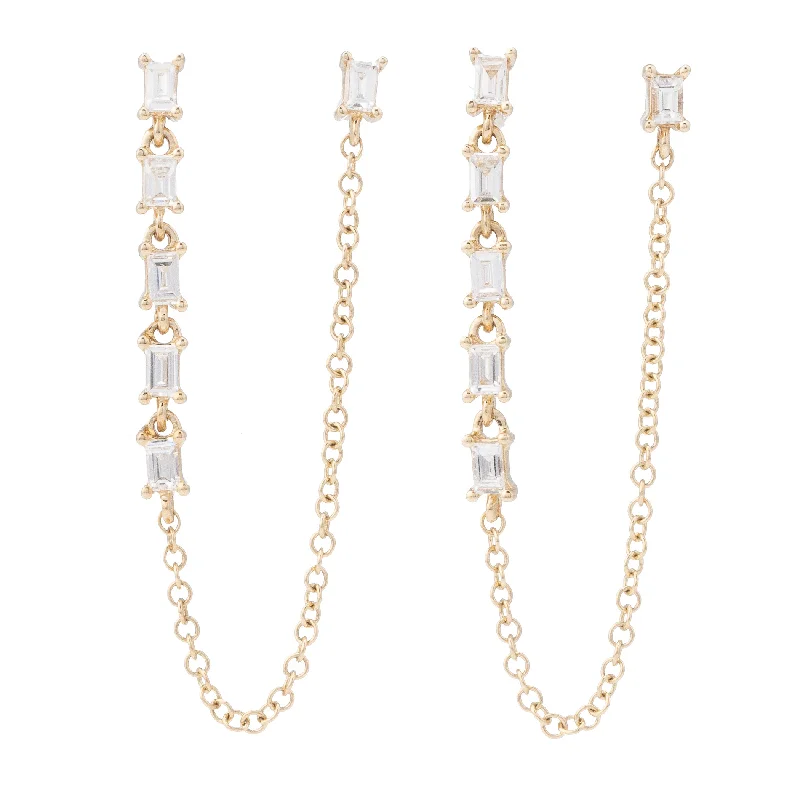 Simple diamond earrings for women-6 Baguette Double Stud Chain Earrings