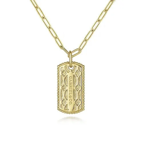 Wedding necklace for women-14K Yellow Gold Dog Tag Pendant Hollow Chain Necklace