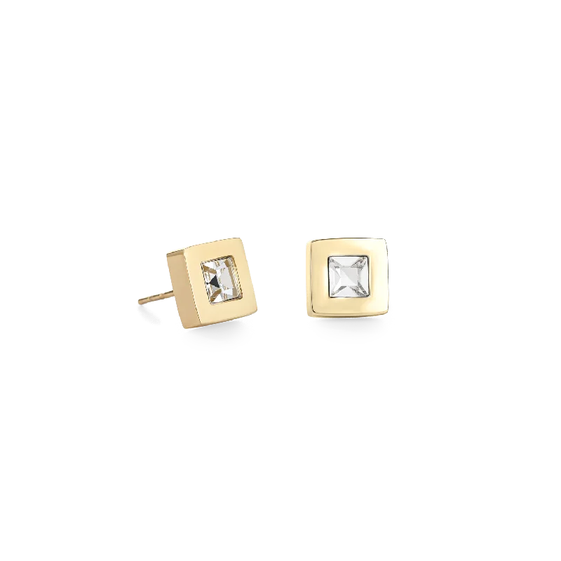 Drop hoop earrings for women-Earrings square stainlees steel gold & crystal