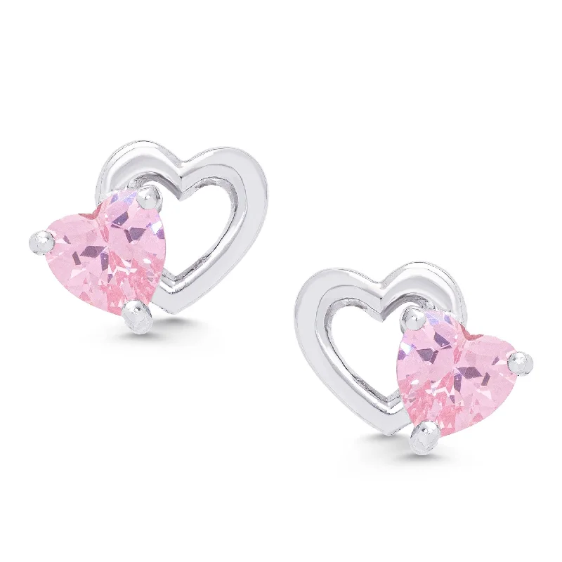 Wedding stud earrings for women-Pink CZ Double Heart Stud Earrings in Sterling Silver