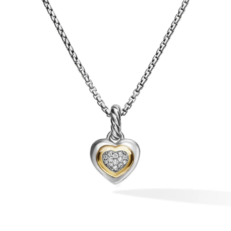 Rose gold necklace for women-Petite Cable Heart Pendant Necklace in Sterling Silver with 14K Yellow Gold and Diamonds\, 17.1mm