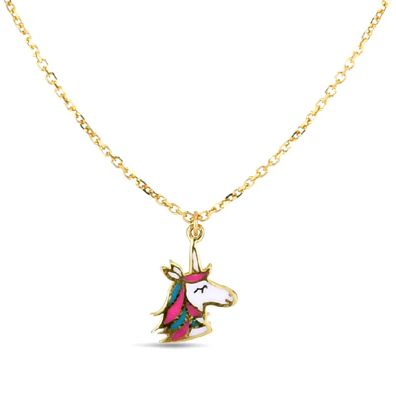 Designer necklace for women-Kids 14K Gold Enamel Unicorn Necklace