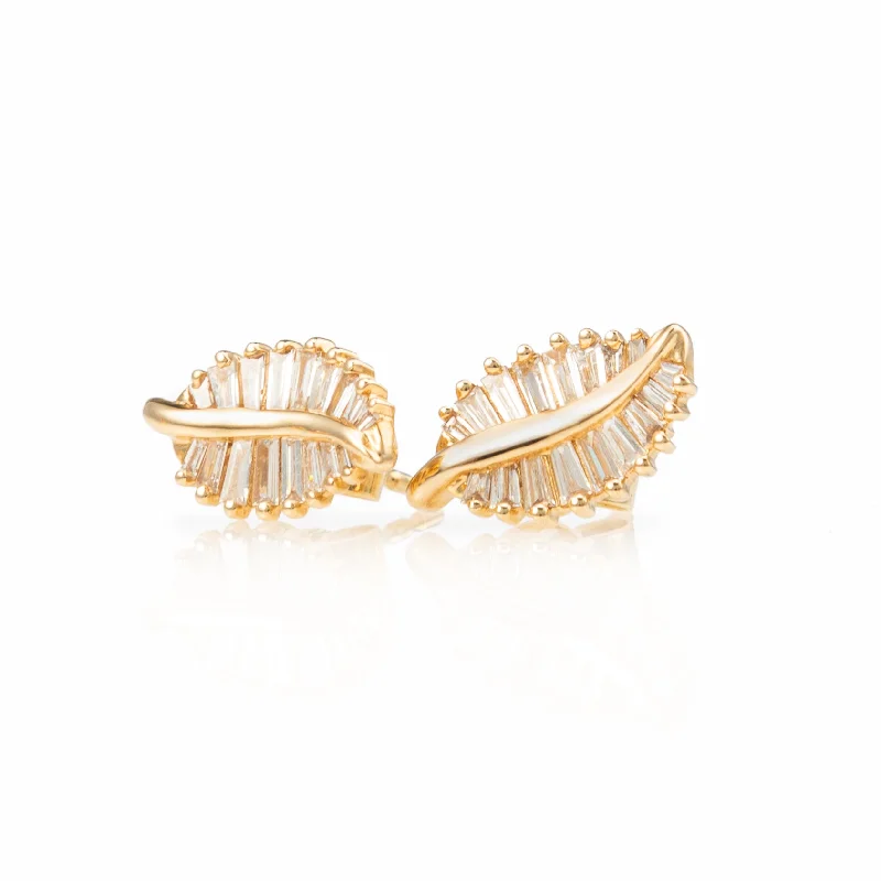 Fancy earrings for women-Baguette Leaf Stud Earrings