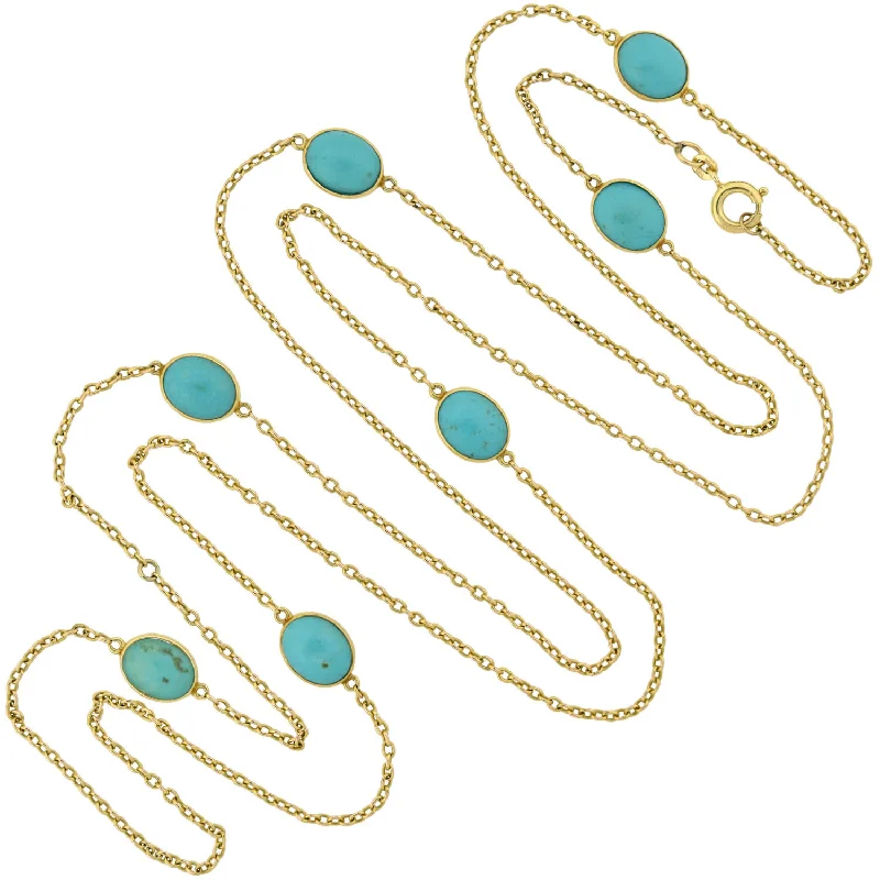 Gemstone necklace for women-Art Nouveau 14kt Turquoise Link Chain Necklace 42.5"